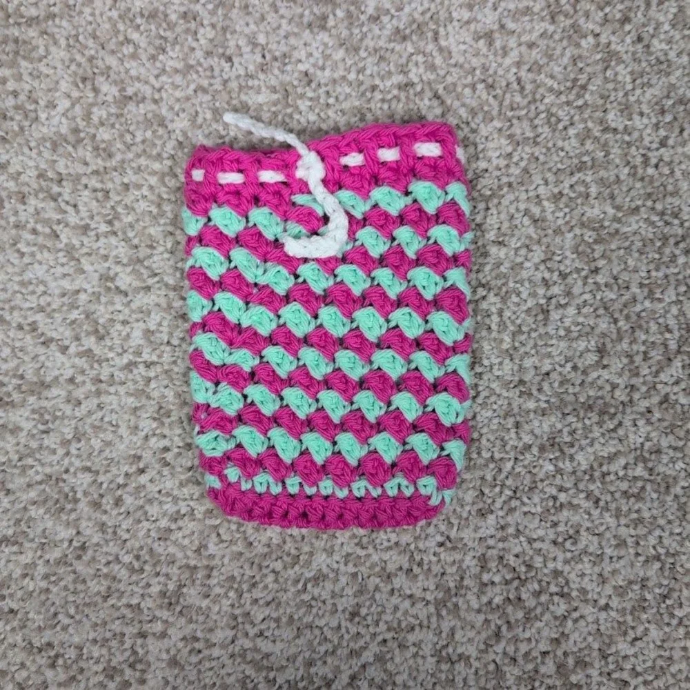 Handmade Crochet Soap Bag Hot Pink Mint Green Drawstring Pouch Exfoliating